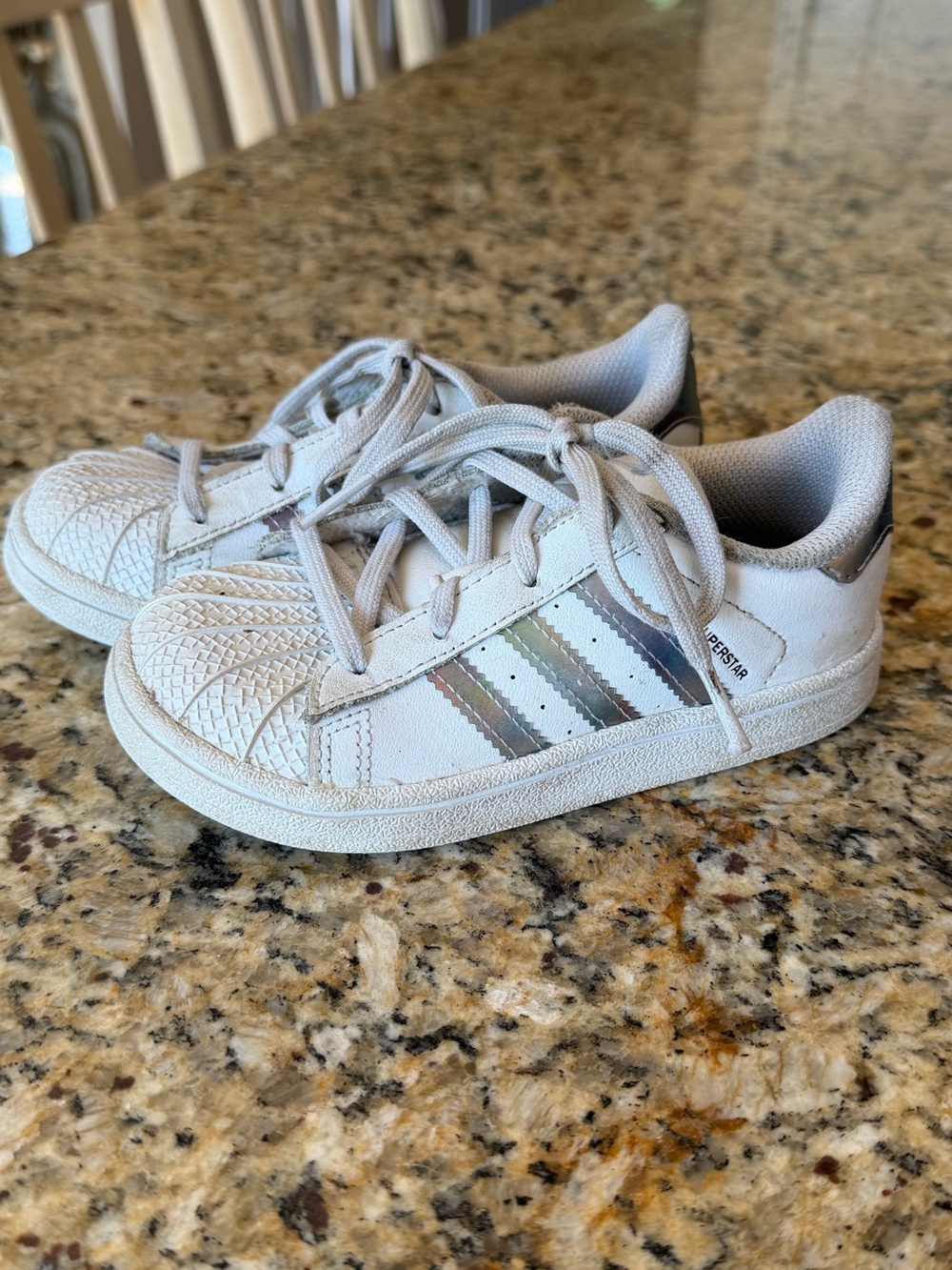 Adidas Kids White Superstar Sneakers with Iridescent Stripes